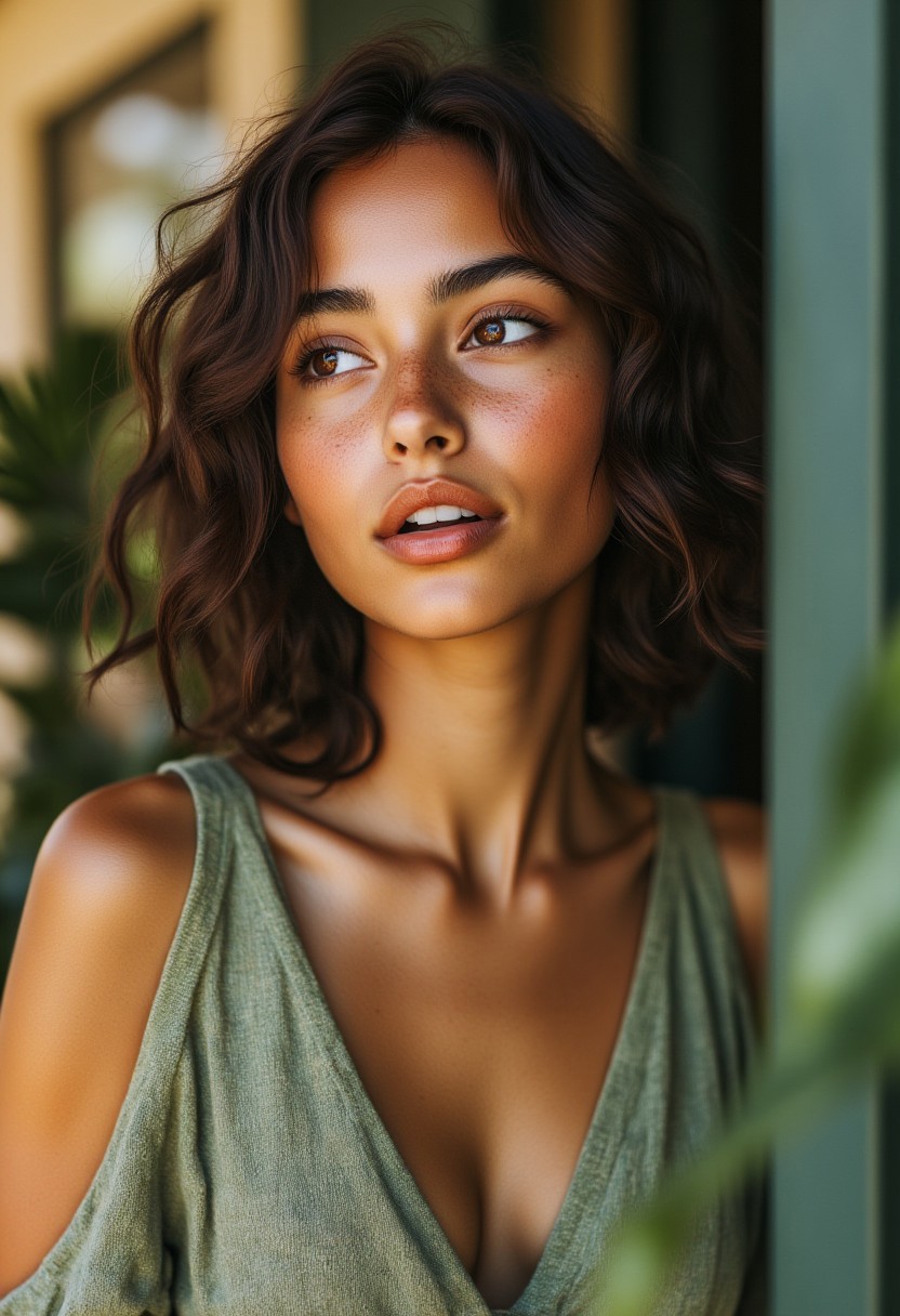 FictionalEsmeralda, tanned skin, shoulder length hair, brown hair, brown eyes, freckles.
Looking surprised. Around a corner.