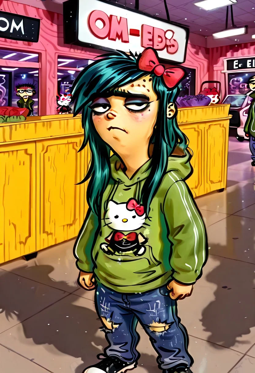 Masterpiece, absurdres, high quality, newest, highly detailed, semi-realistic, 1boy, solo, edboi, mnbrow, unibrow, green jacket, Hello kitty hoodie, sleeves too long, unibrow, ripped blue jeans, black shoes, emo haircut, long asymmetrical bangs, sidelocks, long hair, black hair, eyeliner, scene makeup, hairbow, scene, detailed background, shopping mall background