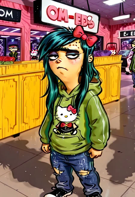 Masterpiece, absurdres, high quality, newest, highly detailed, semi-realistic, 1boy, solo, edboi, mnbrow, unibrow, green jacket, Hello kitty hoodie, sleeves too long, unibrow, ripped blue jeans, black shoes, emo haircut, long asymmetrical bangs, sidelocks, long hair, black hair, eyeliner, scene makeup, hairbow, scene, detailed background, shopping mall background