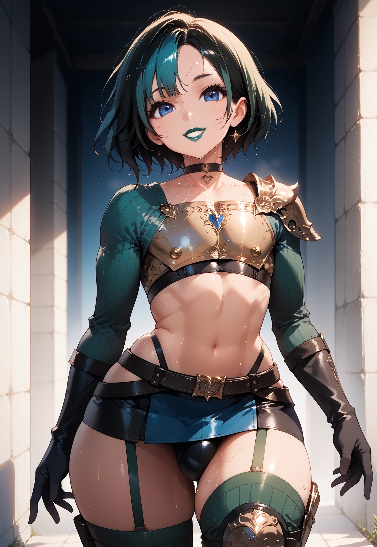 safe_pos, score_9_up, score_8_up, score_7_up, <lora:add-detail-xl:-1>, ultra detailed, source_anime, masterpiece, beautiful face, (femboy:1.5), gwentd, two-tone hair, blue eyes, lipstick, choker, crop top, long sleeves, midriff, skirt , lipstick, (sweating:1.5), choker, leather armor, black armor, masterpiece, (flat chest), (black chestplate:1.5), (smiling), cute, (strapped knee guard:1.5), midriff, choker, leather arm guards, (blue miniskirt), shoulder armor, beautiful face, masterpiece, long sleeves, thigh highs, (wide hips, curvy body), black long gloves, choker, big ass, (dark green legwear, ribbed legwear) thigh socks, (exotic boots), waist belt, tactical belt, sweaty, sexy, white background, portrait, (random pose:1.5)