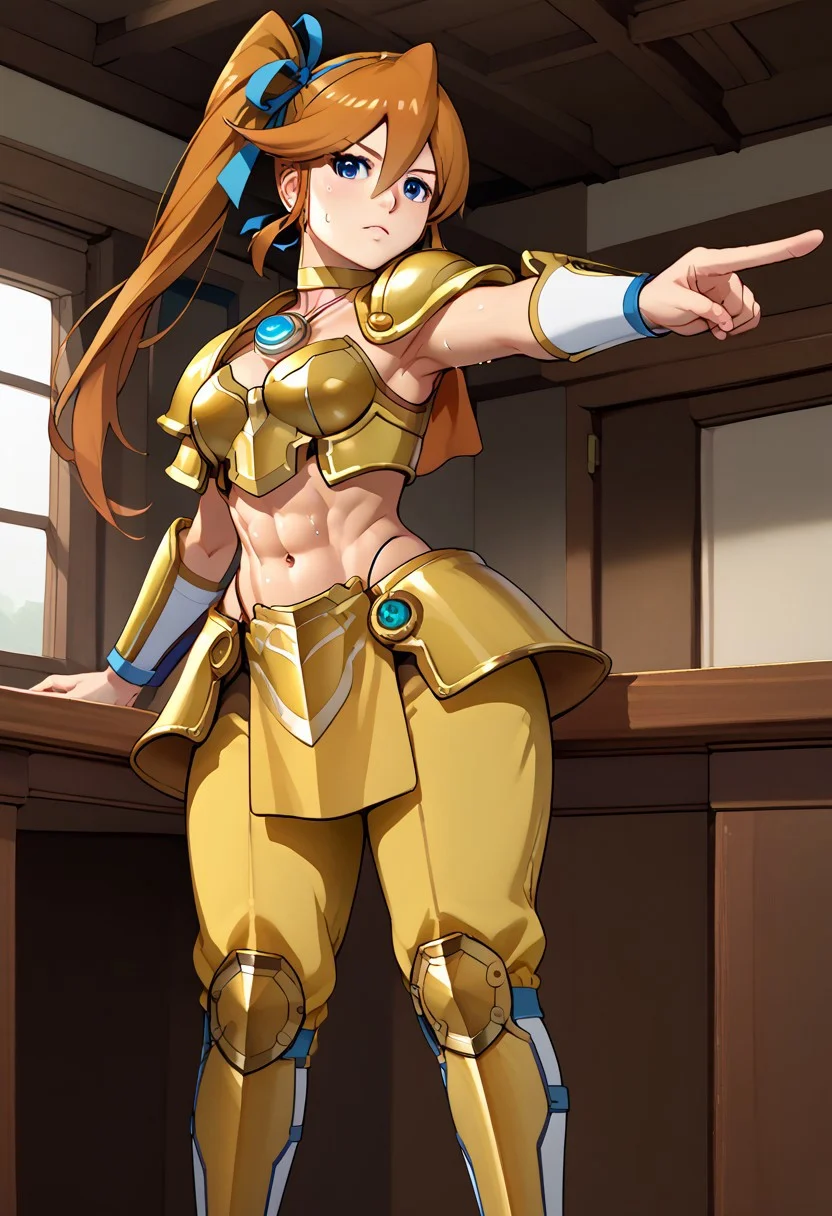 score_9, score_8_up, score_7_up, source_anime, solo, 1girl, sexy girl, athena cykes, side ponytail, hair ribbon, yellow armor, bow, choker, bikini armor, navel, six-pack abs, sweaty abs, faulds, puffy pants, sandals, tabi, expressionless, serious expression, looking at viewer, pwobjection, pointing, courtroom, behind desk, portrait, close up, huge butt, wide hips, thick thighs, butt dimples