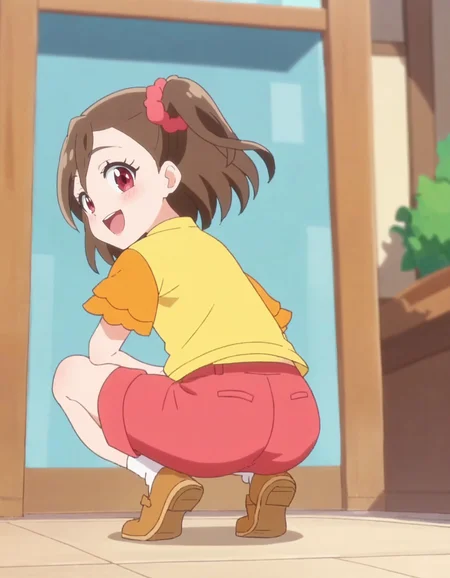 score_9, score_8_up, score_7_up, anime screencap, solo,1girl,sakurahamori, smile, red shorts, looking at viewer, scrunchie, yellow shirt, hair ornament,cowboy shot, blush,open mouth,from behind,ass,squatting<lora:sakurahamori_pony:0.8>