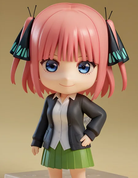 score_9, score_8_up, score_7_up, source_anime,
ninonakano, <lora:nino-nakano-s2-ponyxl-lora-nochekaiser:0.5>,
nino nakano, short hair, bangs, blue eyes, hair ornament, hair ribbon, pink hair, blunt bangs, two side up, butterfly hair ornament, mature female,
skirt, shirt, long sleeves, white shirt, pleated skirt, open clothes, collared shirt, sleeves past wrists, dress shirt, cardigan, green skirt, open cardigan, black cardigan,
<lora:nendoroid-figurines-ponyxl-lora-nochekaiser:1>, nendoroid, 1girl, solo, chibi, 3d, smile, hand on own hip, v, v over eye,