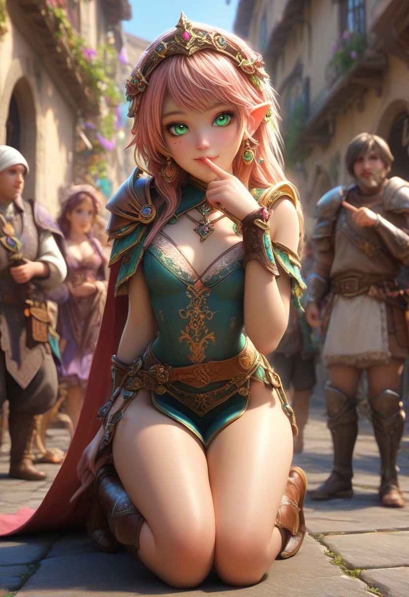 score_9, score_8, score_7, score_6, 8K, photo realistic, High resolution, Fantasy world,  depth of field, 1 girl, 10 boys, raw, short body, sexy, gorgeous face, beautiful face, intrigue expression, beauty marks under the eye and beside the lips in opposite direction,  narrow waist, small breast, wide hips, round butt, curvy tights, beautiful legs, smooth skin, medieval hairstyle, light hair, big green eyes, sexy eyebrows, long eyelashes,  sexy professional make up, hair ornament, ear piercing ring, open bra, cleavage,  shoulder rusty plate armour, leather coset, skimpy leather shorts (visible only at front view), veil on the back like a coat (covering only back side (visible only at rare view), over knee high heels boots on laces, Sword at the back, small bag on the side, pair of loose belts with big metal badge, all outfit has Celtic ornaments squeezed on the leather and embroidered on the fabrics, medieval colours, 
Back ground = Medieval street, 
10 Boys = people around the girl looking oh her, covering their mouth with own hand, pointing finger on the girl, Dynamic pose, Dynamic lighting, volumetric lighting, bright atmosphere, day time,