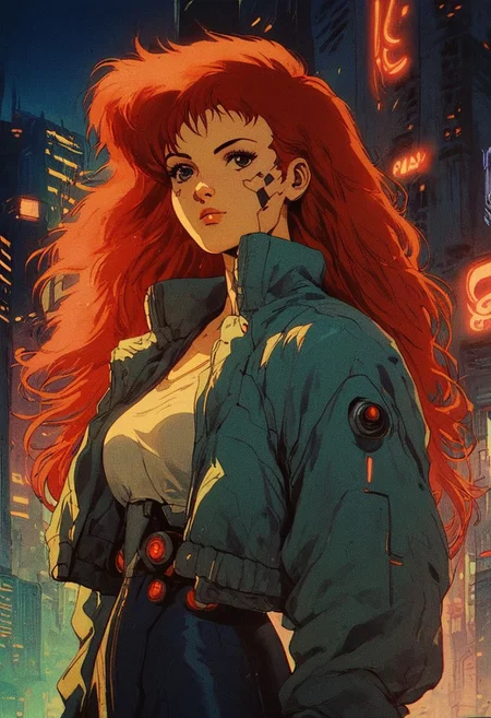 score_9_up, score_8_up, score_7_up, (flowing-hair), long hair, 1girl, cyberpunk, city, neon, night, motorbike, red hair, volumetric light, zPDXL, halftone effect, retro artstyle,