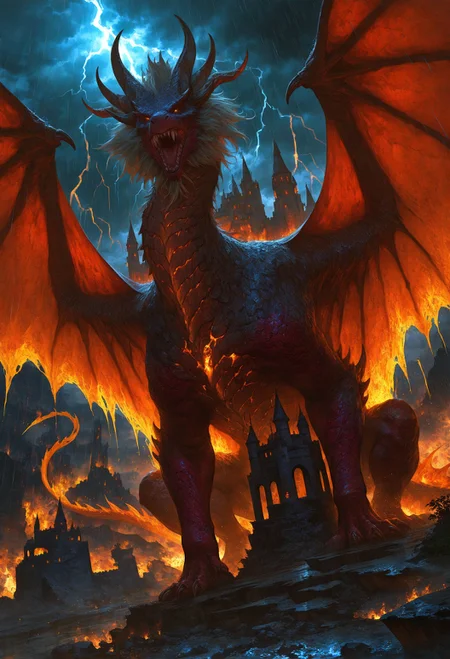 game of thrones \(series\), masterpiece, best quality, good quality, very aesthetic, absurdres, very awa, newest, full body, dutch angle, top view, cinematic shot, solo, giant dragon, majestic, span wings, twisted horns, long horns, teeth, guarding castle, claw on castle, detailed textures, scale texture, colossal, castle, lightning, heavy raining, roar, fire dragon, photorealistic, highly detailed, intricate, 748cmstyle, usnr, gbf_style, <lora:745cmSDXLvpred75S:0.7>, <lora:USNR STYLE_XL_loha:0.5>, <lora:add-detail-xl:1>, <lora:GBF_Illustrious:0.5>
