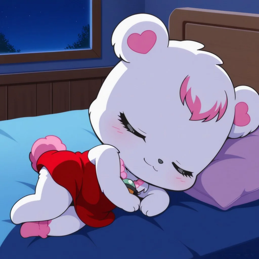 best quality, masterpiece, smirks, Full Body, Romantic, Small Body, Furry, looking_pleasured, labrajp, chibi, feral, multicolored hair, pink tail, tufted fur, furry, one pink leg, necklace, bear, red dress, Laying in bedroom, bedroom, eyes closed, sleeping, night, midnight,