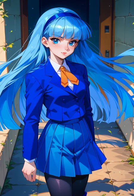 score_9, score_7_up, source_anime, standing, light smile, solo, BREAK
AEUmiDef, blue eyes, blue hair, blunt bangs, long hair, hairband, school uniform, blazer, blue jacket, long sleeves, collared shirt, orange ribbon, white shirt, blue skirt, pleated skirt, black pantyhose, blue footwear, boots, <lora:AEUmi-000009:0.9>