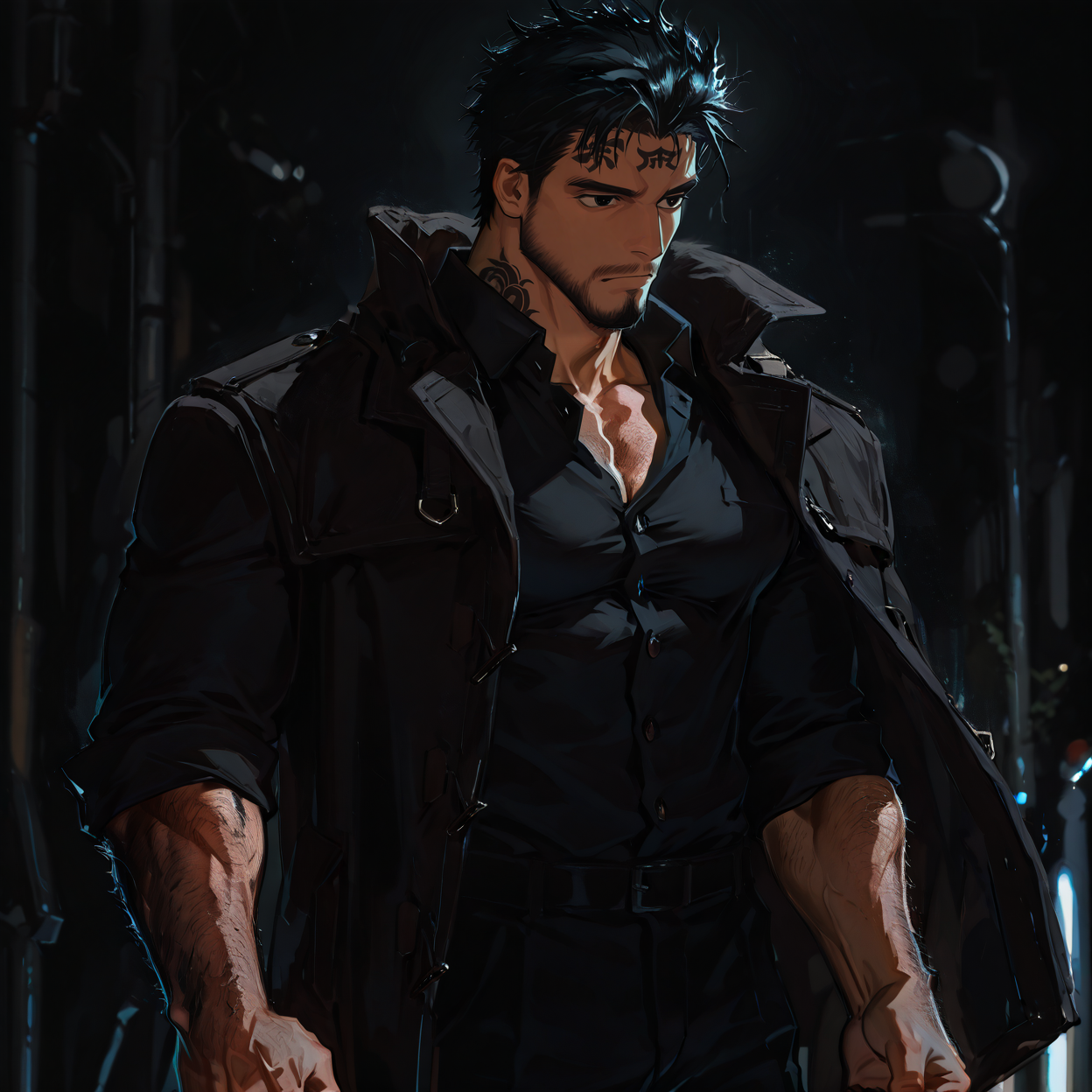 <lora:Sol__Alchemist_Code-000005:.75>, tagatamesol, sol_black hair, sol_black eyes, 1boy, short hair, solo, male focus, manly, bara, mature male, muscle body, tattoo on forehead, coat, collared shirt, pants, shoes,
{upper body|cowboy shot}, 
(very short hair), male focus, muscular male, large pectorals, muscular male, bara, mature, (hairy body, hairy, body hair, arm hair, leg hair, hairy body, glossy skin, bara, mature, facial hair, beard, full beard, sideburn, mustache, stubble), facial hair, bara, mature, body hair, aixiwuganda_(20222192), very awa, masterpiece, best quality, absurdres, newest, perfect quality, detailed background, intricate details,<lora:slider_Body Type_alpha1.0_rank4_noxattn_last:2><lora:Anime Summer Days 2 Style SDXL_LoRA_Pony Diffusion V6 XL:.6><lora:merged:.7>, DARK, DARK BACKGROUND, LOW-KEY LIGHTING <lora:slider_cfg_scale_boost:.7><lora:Artist6p:.55>, Artist6p, Artist04p,<lora:slider_il_brightness_slider_d1:-.5><lora:slider_il_contrast_slider_d1:-.25>,<lora:slider_contract_controller_illus01_v1:.3>, <lora:addon_illustriousXLv01_stabilizer_v1.121:.5>,<lora:slider_DarkSlider1.2_alpha1.0_rank16_full_300steps:-.2><lora:Heavenly_Beauty_r1:1>, (heavenlybeauty,)<lora:slider_style_strength_controller_illus01_v1:.25>