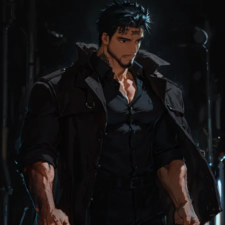 <lora:Sol__Alchemist_Code-000005:.75>, tagatamesol, sol_black hair, sol_black eyes, 1boy, short hair, solo, male focus, manly, bara, mature male, muscle body, tattoo on forehead, coat, collared shirt, pants, shoes,
{upper body|cowboy shot}, 
(very short hair), male focus, muscular male, large pectorals, muscular male, bara, mature, (hairy body, hairy, body hair, arm hair, leg hair, hairy body, glossy skin, bara, mature, facial hair, beard, full beard, sideburn, mustache, stubble), facial hair, bara, mature, body hair, aixiwuganda_(20222192), very awa, masterpiece, best quality, absurdres, newest, perfect quality, detailed background, intricate details,<lora:slider_Body Type_alpha1.0_rank4_noxattn_last:2><lora:Anime Summer Days 2 Style SDXL_LoRA_Pony Diffusion V6 XL:.6><lora:merged:.7>, DARK, DARK BACKGROUND, LOW-KEY LIGHTING <lora:slider_cfg_scale_boost:.7><lora:Artist6p:.55>, Artist6p, Artist04p,<lora:slider_il_brightness_slider_d1:-.5><lora:slider_il_contrast_slider_d1:-.25>,<lora:slider_contract_controller_illus01_v1:.3>, <lora:addon_illustriousXLv01_stabilizer_v1.121:.5>,<lora:slider_DarkSlider1.2_alpha1.0_rank16_full_300steps:-.2><lora:Heavenly_Beauty_r1:1>, (heavenlybeauty,)<lora:slider_style_strength_controller_illus01_v1:.25>