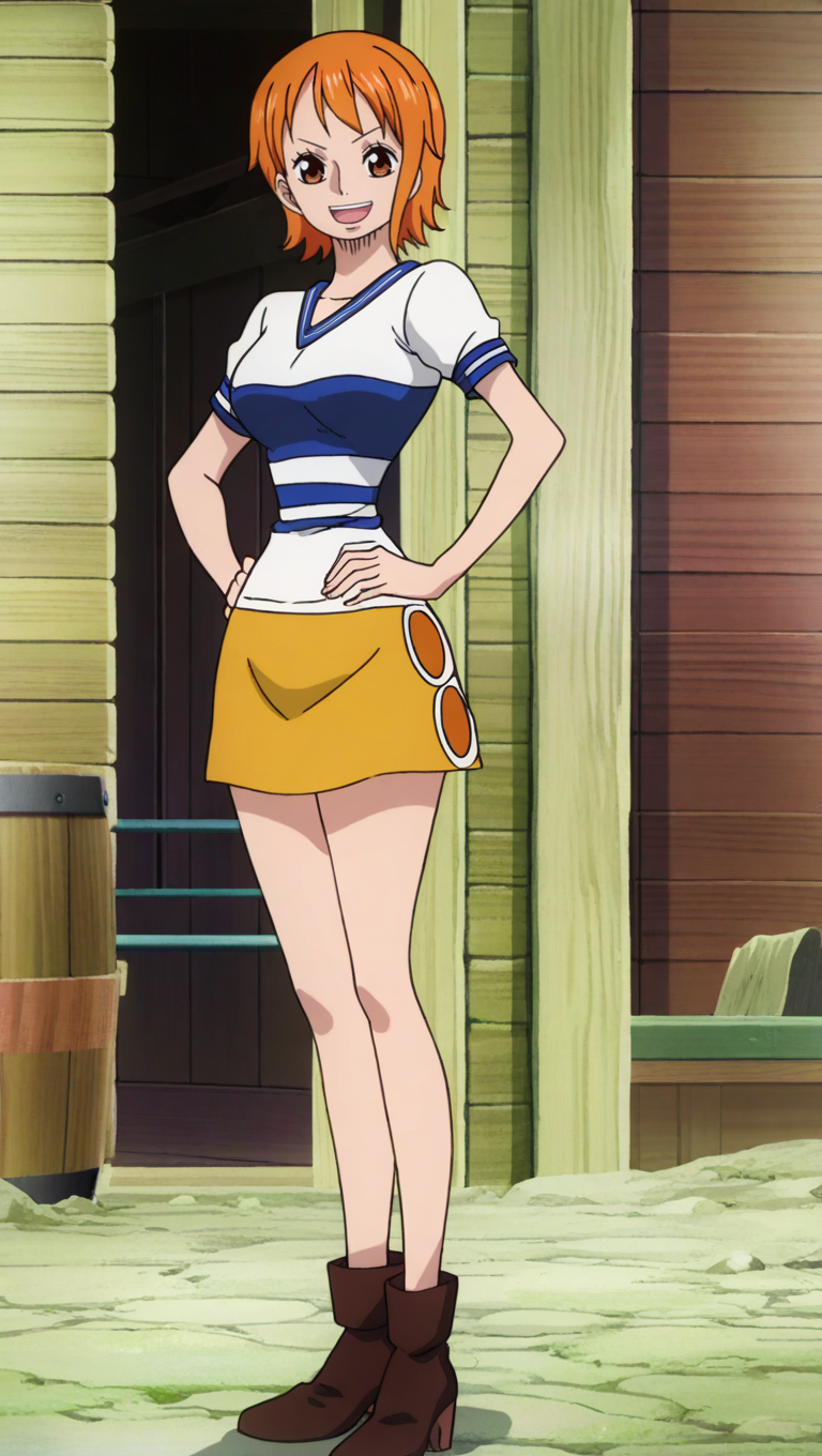 source_anime, masterpiece, best quality, amazing quality, anime screencap, high quality, 8k, absurdres, official style, 1girl, solo, looking at viewer, standing, hands on hips, :d, <lora:Nami_Pre_Movies_iL:1>, n4m1, orange hair, brown eyes, short hair, orange town outfit, striped shirt, white shirt, skirt, yellow skirt, boots, brown footwear, ankle boots, high heels,