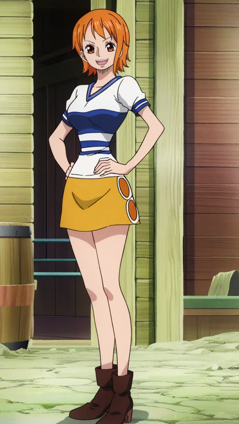source_anime, masterpiece, best quality, amazing quality, anime screencap, high quality, 8k, absurdres, official style, 1girl, solo, looking at viewer, standing, hands on hips, :d, <lora:Nami_Pre_Movies_iL:1>, n4m1, orange hair, brown eyes, short hair, orange town outfit, striped shirt, white shirt, skirt, yellow skirt, boots, brown footwear, ankle boots, high heels,