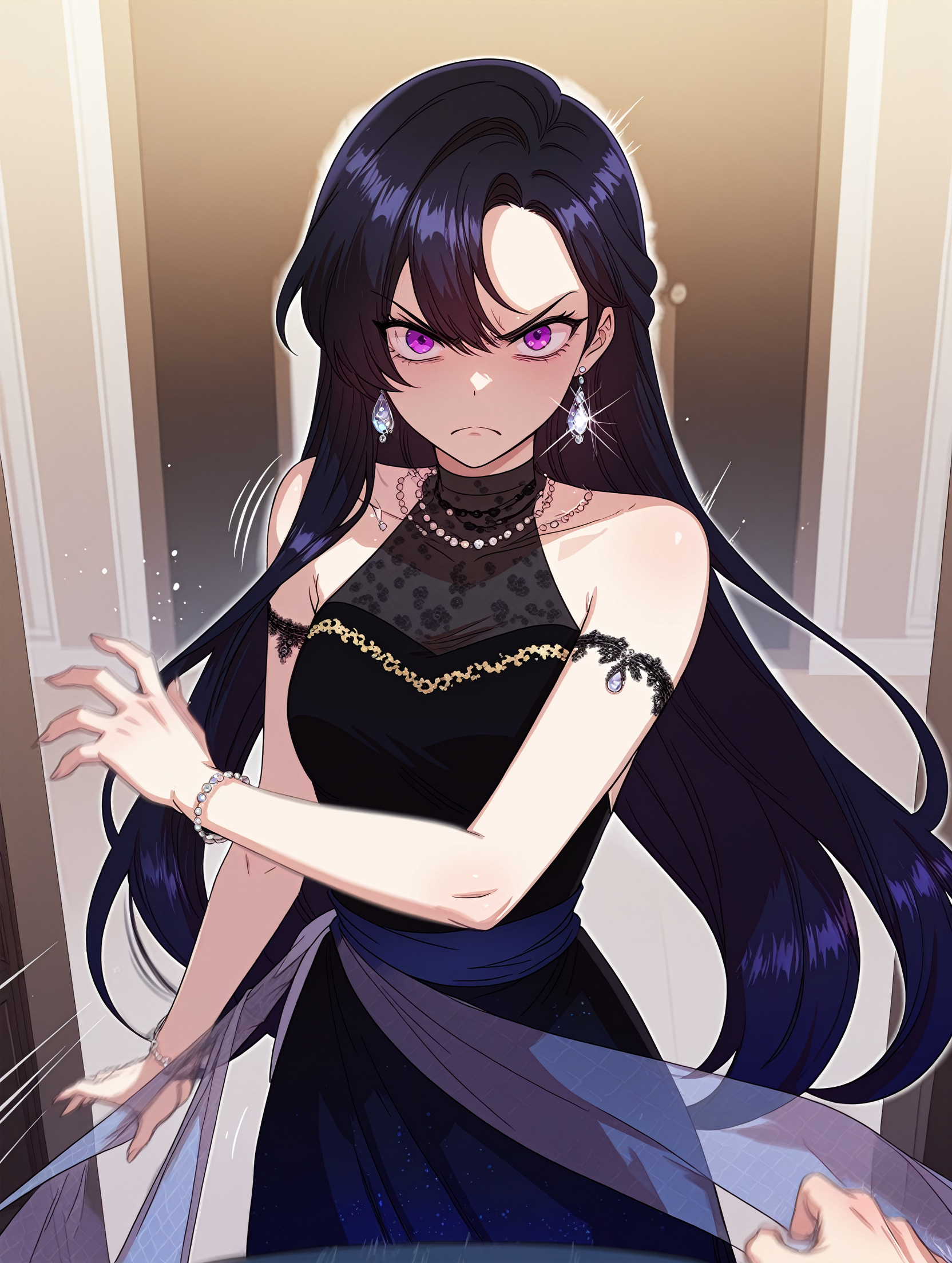 <lora:POV_Receiving_Slap:0.8>gostlapped, beenhurt, motion lines, motion blur,
<lora:Leilin shan candmioneilluLoRA:1> Leilin, very long hair, multicolored hair, purple eyes, earrings, necklace, multicolored dress, halterneck, shawl, armlet, bracelet, 
1girl,pov,
masterpiece,best quality,amazing quality,    angry,