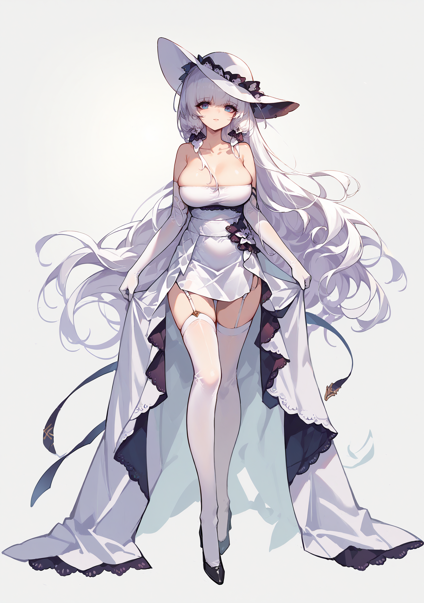 score_9, score_7_up, oglust, <lora:Illustrious PDXL:1>, 1girl, solo, white short dress, lace skirt, strapless dress, white sun hat, white stockings, white garter straps, elbow gloves, black high heels, facing front, portrait <lora:kincora-Style-PonyXL-Dora-000027:1>