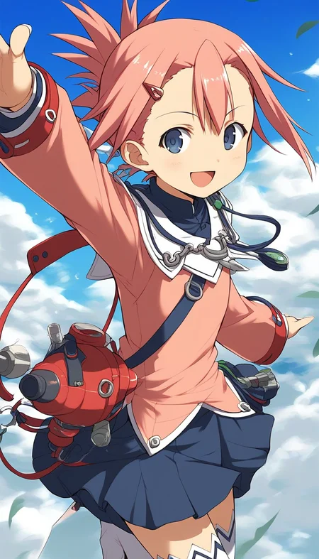 score_9, score_8_up, score_7_up, source_anime, rating_explicit, BREAK <lora:Aera_Colthearts_XL:1> Aera_Colthearts, blue eyes, hair ornament, pink hair, hairclip, short hair,
1girl, solo, thighhighs, white thighhighs, zettai ryouiki, skirt, explosive, pink long sleeves, dark blue skirt,
open mouth,
smile,
looking at viewer,
cowboy_Shot,
blue sky, outdoor,