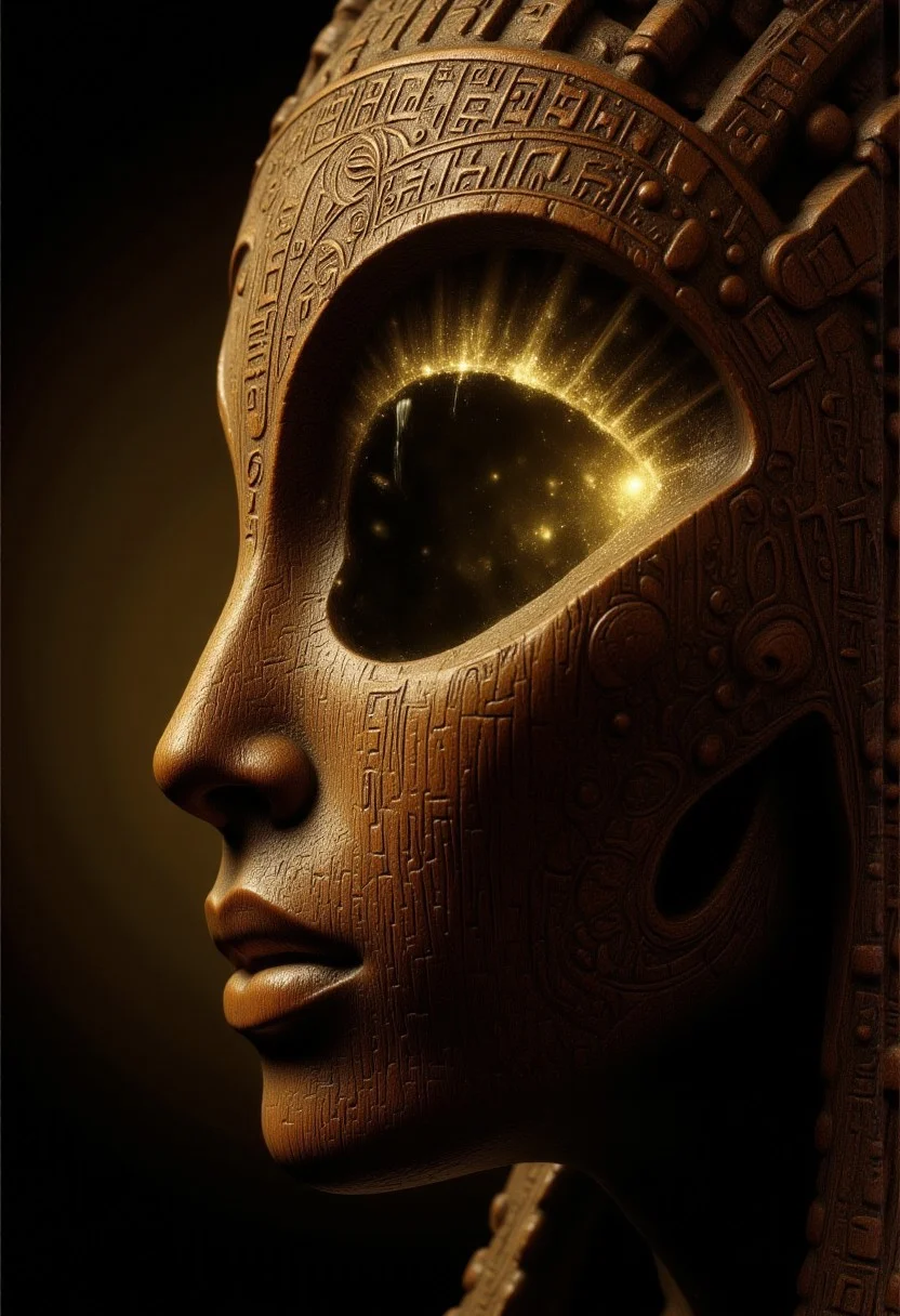 An ultra close-up portrait of an Ancient Egyptian deity, showing just over half of the face, framed asymmetrically from the left. The head is tilted slightly upward, creating an intimate, mystical perspective. The head is a hollow, featureless piece of carved wood, shaped into a smooth, rounded form without facial features. Only the left half of the wooden head is visible, showing the rich texture of polished wood with faint carved patterns resembling ancient hieroglyphs. In the center of the forehead, there is a prominent Eye of Ra-shaped cutout, its edges smooth and precise, symbolizing divine vision and protection. The void is hollow and dark, but a dim golden light glows softly within, casting narrow rays through the Eye of Ra-shaped cutout. The light is subtle and ethereal, giving the void a divine, mystical aura. The wooden surface is smooth and polished, reflecting the soft golden light faintly. The Eye of Ra-shaped void draws the viewer’s gaze into the empty darkness within, symbolizing divine knowledge and cosmic vision. The background is shadowy and minimal, fading into darkness, ensuring the focus remains on the wooden head and the dim golden light. The contrast between the ancient, divine symbol and the modern, surreal void creates a haunting narrative of spiritual power and divine emptiness.