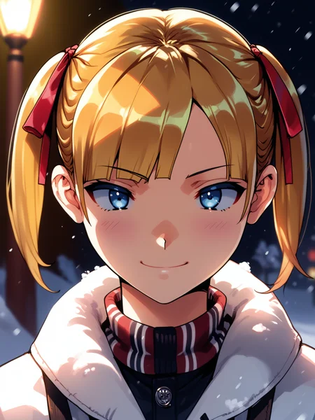(upper body, solo focus:1.2) <lora:happy_tentacle-rina-v0.3-000034:0.9>, ht_rina, blonde hair, twintails, , hair ribbon, red ribbon petite, ( :1.1) ( , , (traumatized :1.2) , seductive smile , (looking down:1.2) :1.2) , outdoors, vegetation, ( :1.1), winter, snow , (dusk :0.6), , (:0.5), , ( :0.9) ( :0.8) score_9, score_8_up, score_7_up, score_6_up, score_5_up, score_4_up, ( [(realistic, photorealistic:1.3):(realistic:1.2):16] [(3d:1.2)::14] :1) <lora:LUUNA's Lunas-NijiJourney-SDXL-B2:0.35>, nijijourney <lora:prgfrg23's Counterfeit-V3.0 Style SDXL_LoRA_Pony Diffusion V6 XL:0.5> <lora:mfcg's mfcgXL:0.12> <lora:reweik's gyokai(himehajime)_PonyXL_style_v01:0.14>