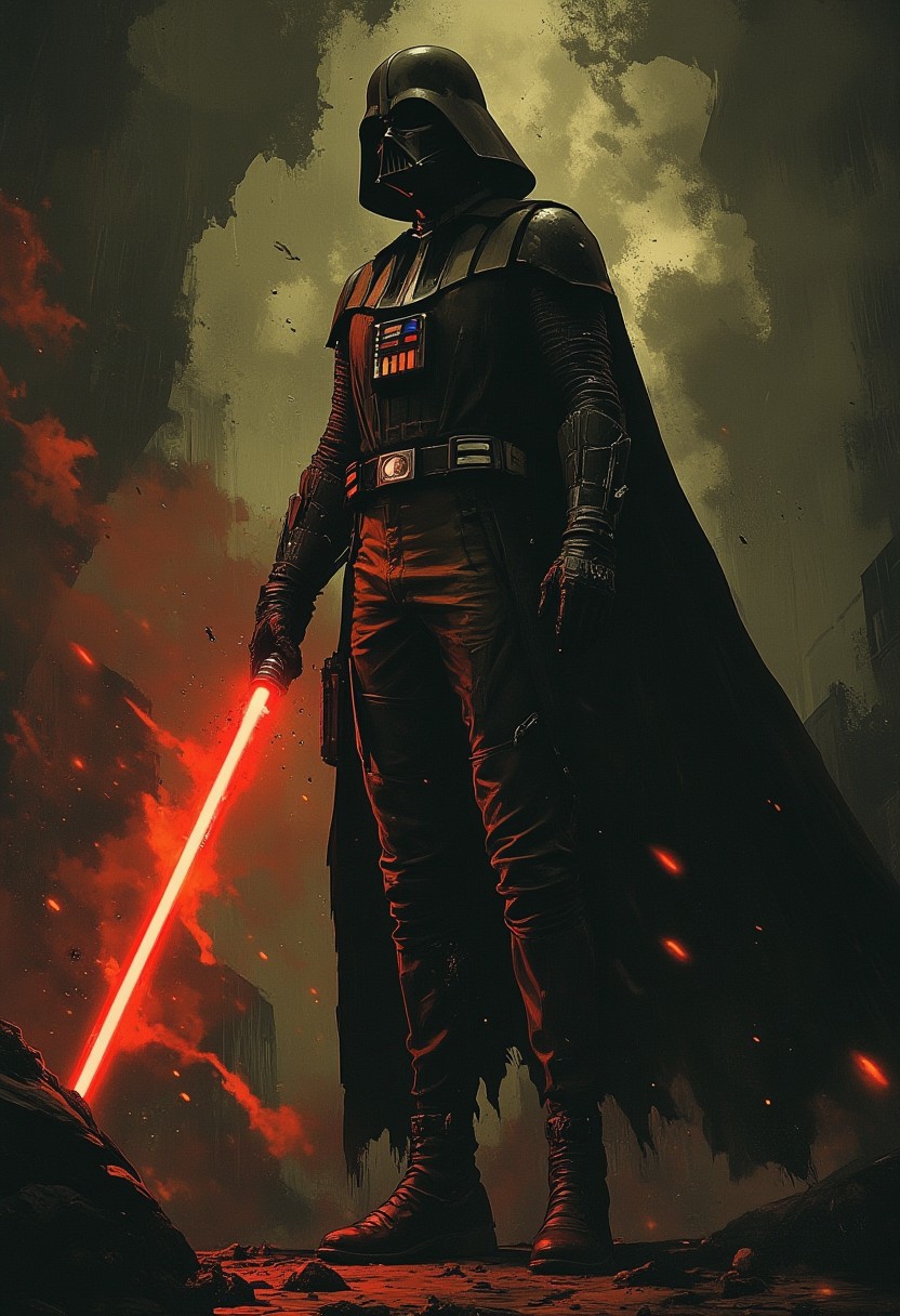 ArsMJStyle, dnddarkestfantasy, darth vader, red lightsaber, silhouetted,  illuminated from the side, surreal abstract background