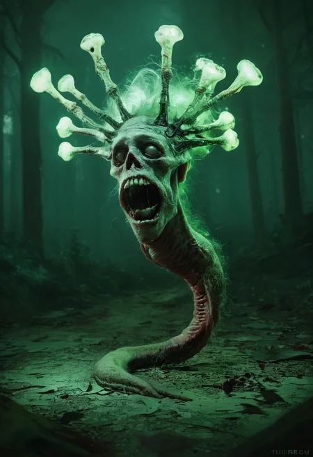 score_9, score_8_up, score_7_up, zy_monster, realistic, hunchbacked creature, cloaked figure, withered leaves, torn rags, bone lantern head, eerie flame, gaping mouth, glass teeth, twisted shadows, dancing shadows, luring travelers, raspy breath, distant wind, eyeless face, skinless, dark woods, horror, unsettling, night, grotesque, eerie glow, dark fantasy, highly detailed, high contrast, film grain, Rim Lighting , <lora:zy_Horror_Monsters_PonyRealism_v1:0.75>