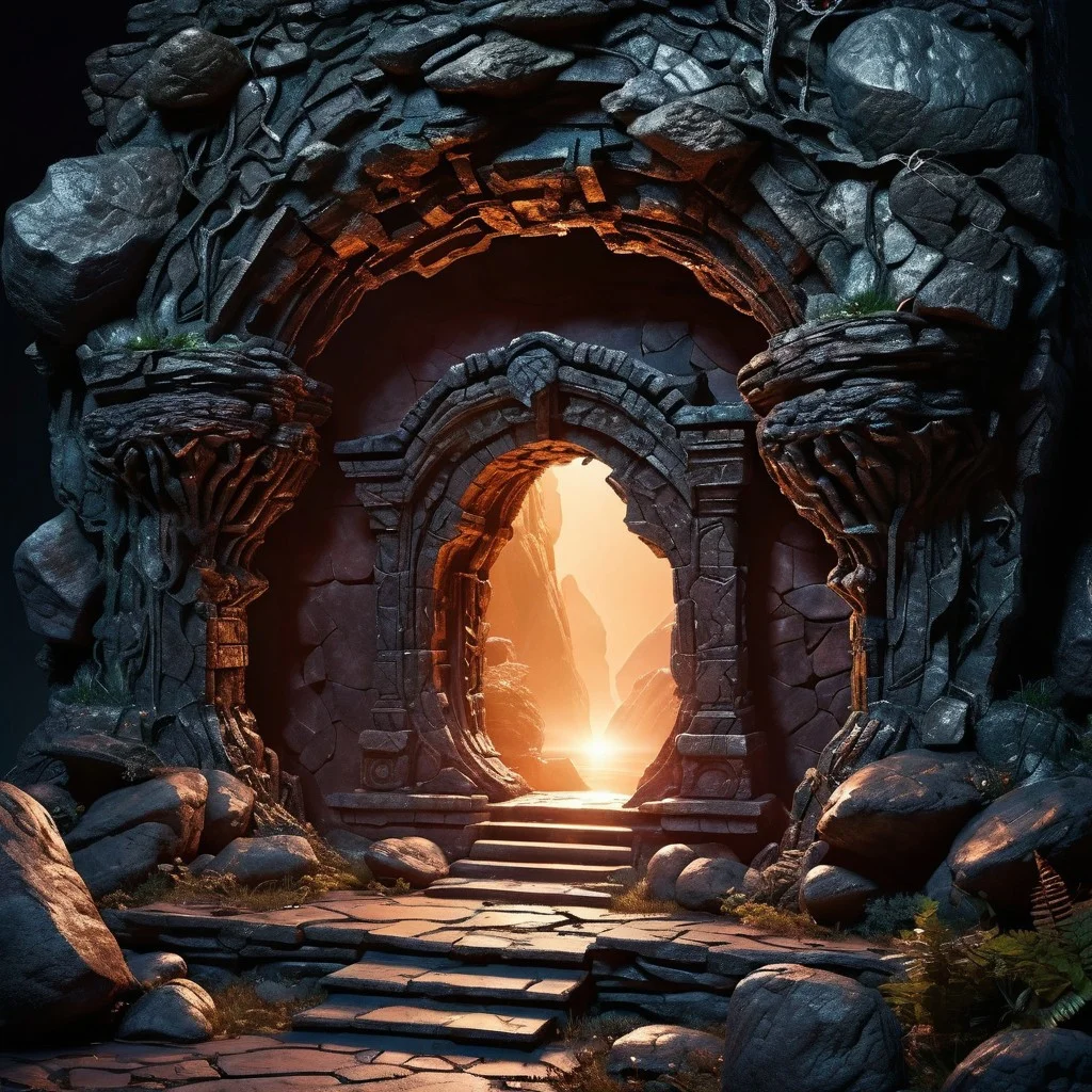 Mythical void portal to other magical worlds. dark crystal structures, highlighted masonry, rocks and creatures. Inner glow spotlighting