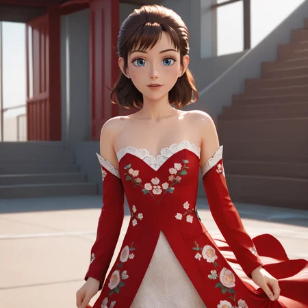 <lora:laetitia_pony_v1:.8>LaetitiaSecurity, 1girl, blue eyes,  brown hair, cowboy shot,  <lora:1007 Chinese wedding dress_v1_pony:1> ruanyi1007,bare shoulders,detached sleeves,red dress,floral print,strapless dress,