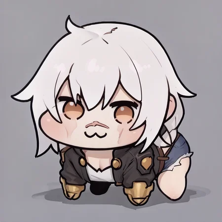 score_9, score_8_up, score_7_up, score_6_up BREAK <lora:Bullet_BB:0.8> bulletbb, white hair, dark skin, scar on face,jacket, belt, cutoffs, gauntlets,doro, simple background, creature, :3, chibi,no humans, four legs, solid circle eyes, no pupils <lora:Doro_X_PDXL_V1:1.3>