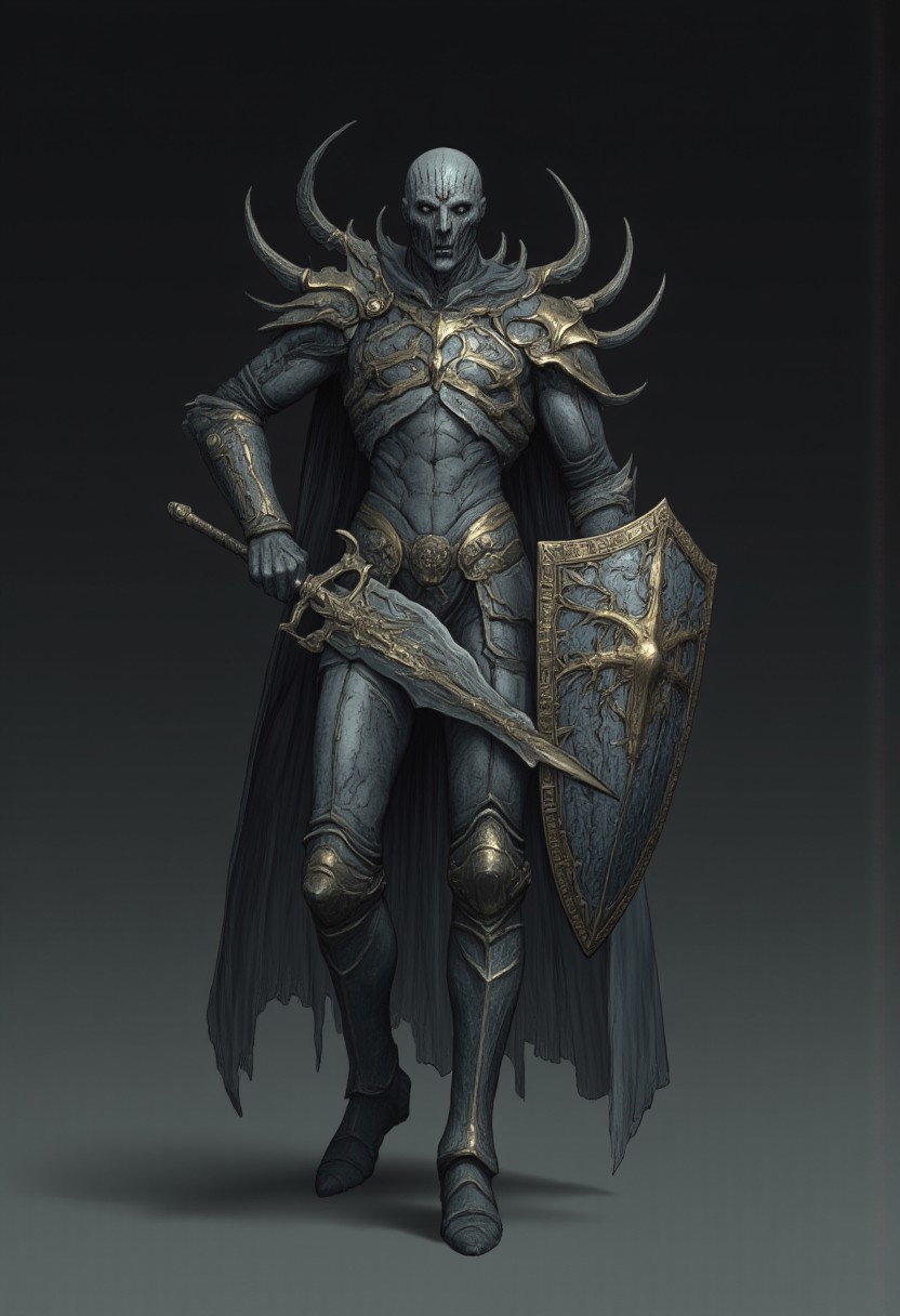 Standring in a hyper extended action pose
A feathered knight with a cape, holding a templar shield, and a gladiator sword
Set against a solid dark color background to emphasize its unsettling unnatural form that emphasizes its silhouette. The medium is not a traditional painting or illustrative medium like watercolor or ink but rather a digital 3D rendering.
MikeFranchinastyle, d4artstyle, d4concept, , bbstyle,, horror theme,, zbrush, ZBClay model of a gray sculpture, 1990's, 1990's style