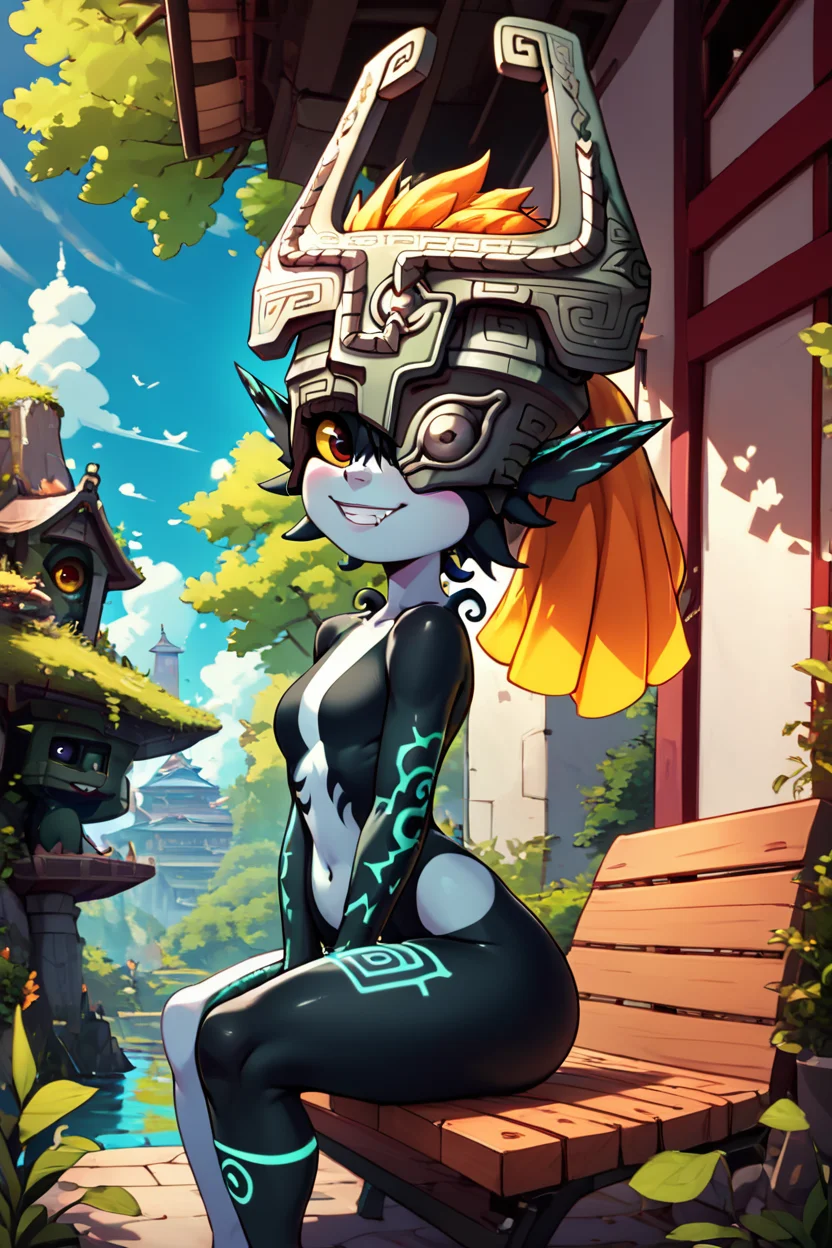 score_9, score_8_up, score_8, (curvy), cute, eyelashes, BREAK, , zzMidna, colored skin, pointy ears, orange hair, helmet, multicolored skin, two-tone skin, yellow sclera, one eye covered, shortstack, <lora:MidnaZelda_PDXL:0.8>,, BREAK, sitting on bench, side view, smile, looking at viewer, cowboy shot, ,,, BREAK, pnkBldng, sky, day, cloud, tree, blue sky, building, architecture, east asian architecture, ,,, BREAK, embedding:zPDXL, Expressiveh, ,,, <lora:PinkBuildingsPDXL_v2:0.6>, <lora:SDXLFaeTastic2400:0.5>, <lora:Expressive_H-000001:0.4>