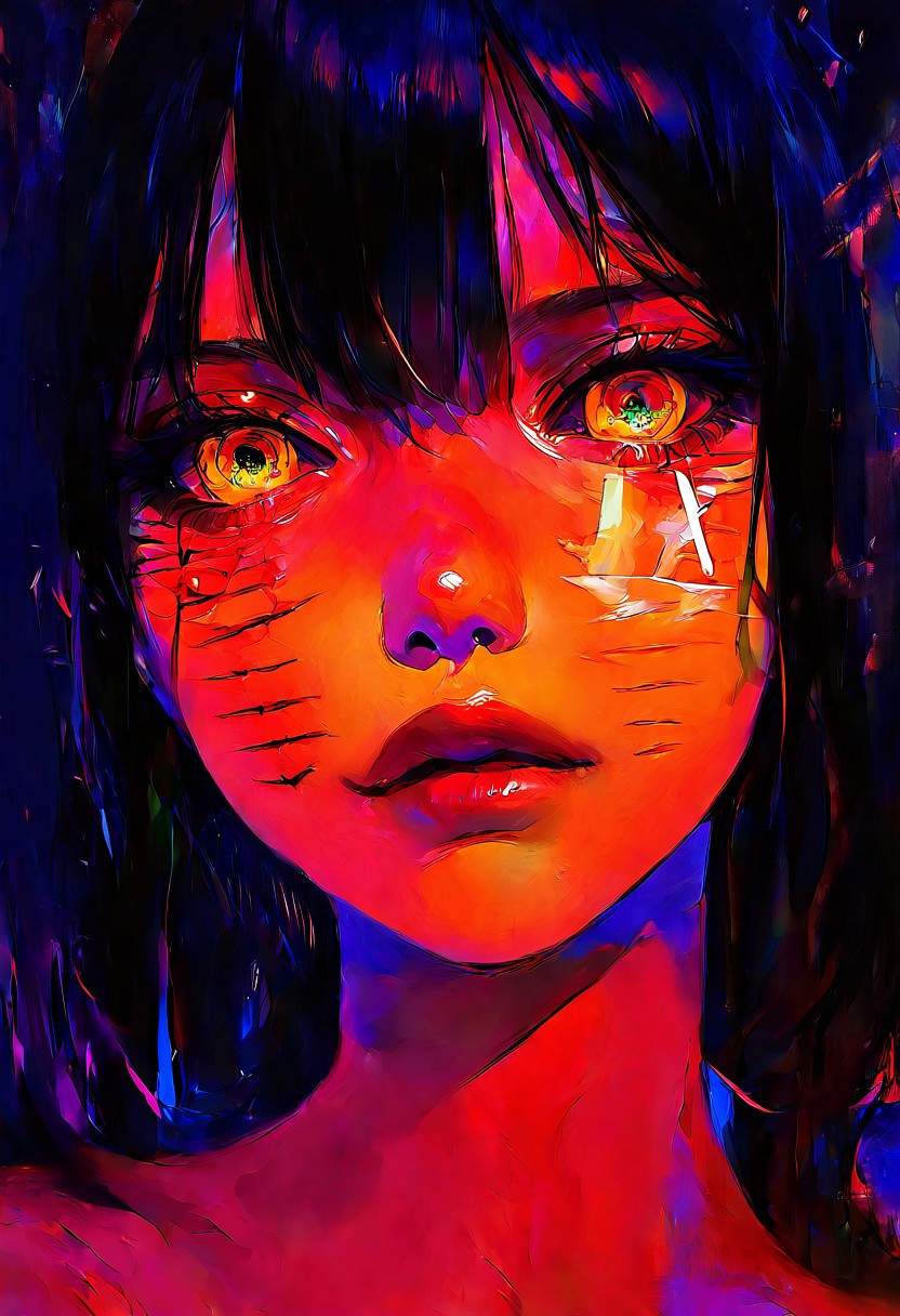 masterpiece, best quality, good quality, very aesthetic, absurdres, newest, 1girl, solo, looking_at_viewer, black_hair, 1boy, text, orange_eyes, lips, colored_skin, portrait, close-up, colored_sclera, red_lips, stitches, body_writing, horror_\(theme\), eye_focus, stitched_face, limited palette, sketch, glowing, psychedelic, Dutch Angle, <lora:ponyv5_noobE11_1_adamW-000013:0.7> <lora:USNR_STYLE_XL_lokr:1> <lora:Navi_LustStrokes_IL:1>