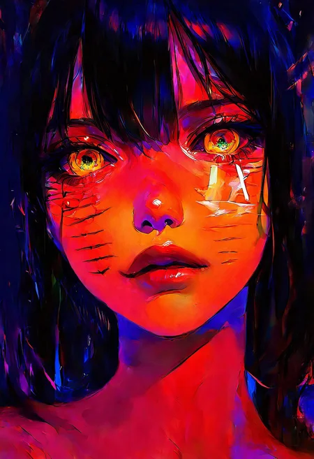 masterpiece, best quality, good quality, very aesthetic, absurdres, newest, 1girl, solo, looking_at_viewer, black_hair, 1boy, text, orange_eyes, lips, colored_skin, portrait, close-up, colored_sclera, red_lips, stitches, body_writing, horror_\(theme\), eye_focus, stitched_face, limited palette, sketch, glowing, psychedelic, Dutch Angle, <lora:ponyv5_noobE11_1_adamW-000013:0.7> <lora:USNR_STYLE_XL_lokr:1> <lora:Navi_LustStrokes_IL:1>