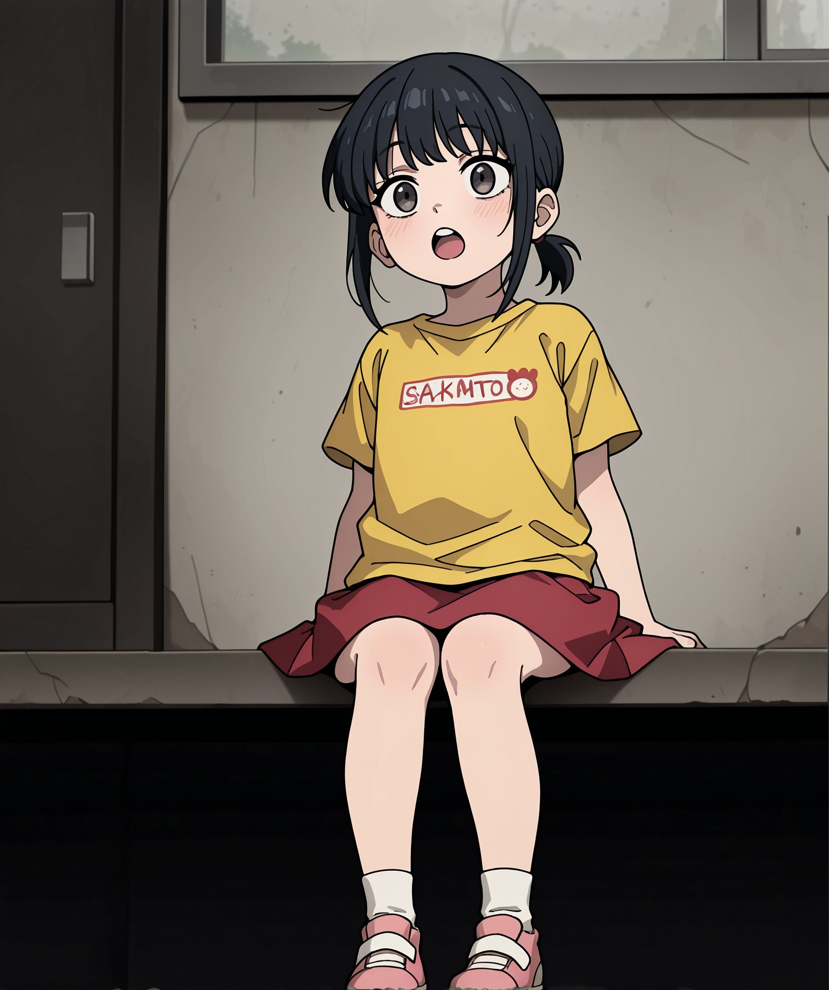 masterpiece,best quality,amazing quality,very aesthetic,absurdres,newest,huge filesize,
<lora:spo_sdxl_10ep_4k-data_lora_webui:0.5>,anime coloring,flat color, 
<lora:add-detail-xl:1>
<lora:Sakamoto_Days:0.8>SAKAMOTO_DAYS_V1,
1girl,
s_hana,black hair,  ponytail, upper teeth only, 
skirt,yellow shirt,red skirt,shoes, socks, 
child,  low ponytail, ha