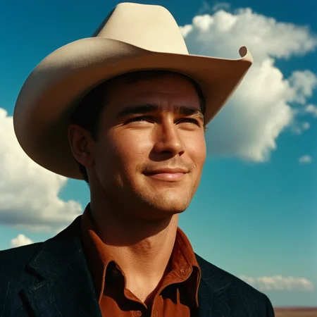 cinematic film still of <lora:Technicolor style:1>
In the 1950's a man in a cowboy hat poses for a picture,solo,looking at viewer,smile,1boy,hat,closed mouth,male focus,sky,day,cloud,blue sky,portrait,realistic,cowboy hat,cowboy western , vivid color, cinematic look, film look, filmic, contrast, detailed, high quality, sharp image, film color, Kodak, Motion Picture, Film style, different color, vivid color, different people, different look, different style, 35MM Film, 16MM Film, Photographic film, artistic style, cinematic style, film granularity, film noise, image noise, artistic effect, Fujicolor, Fuji film, Analog photography, movie style, movie still, Film grain overlay, Film Grain style, Technicolor style, shallow depth of field, vignette, highly detailed, high budget, bokeh, cinemascope, moody, epic, gorgeous, film grain, grainy