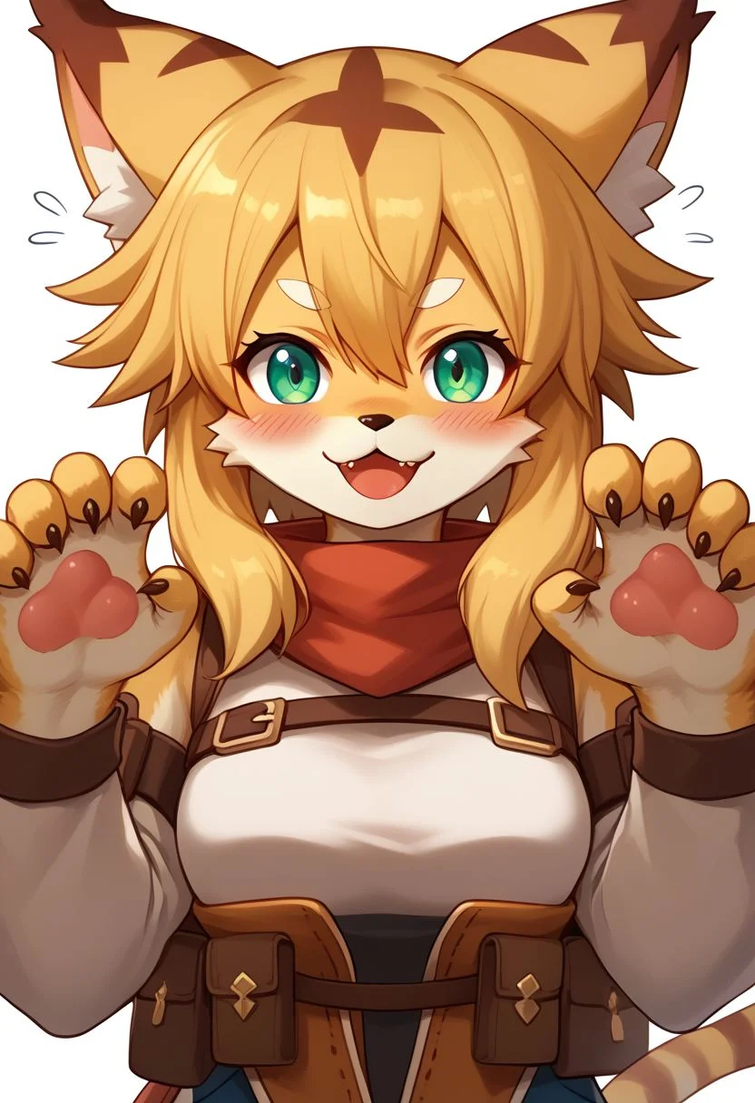 (absurdres), (highest quality), mia_(world_flipper), furry, kemono, anthro, female, 1girl, solo, adorable, cute, blushing, looking at viewer, grinning, claw pose
