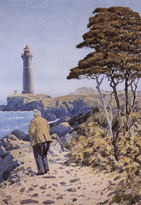 old man near the lighthouse, sentimental, by charles tunicliffe, painting, nature