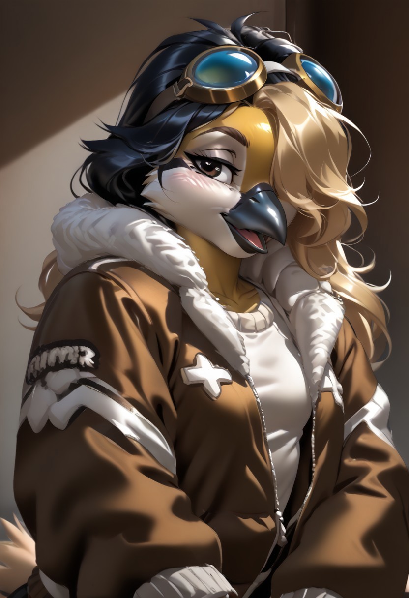 score_9, score_8_up, score_7_up, (by zummeng:1.5), (by jailbird:1.5), (by kittydee:1.5), masterpiece, best quality, (solo),  
(Furry Art: great tit:1.5), expressive eyes, feminine eyes, <lora:beautiful_detailed_eyes:1>, perfect face, feminine face, feminine body, black beak, multicolored body, yellow body, black colored down middle of body, black head, white cheeks, (blonde hair:1.5), (long hair), (one eye covered by hair), small breasts, (bomber jacket:1.5), (t-shirt:1), (googles),
