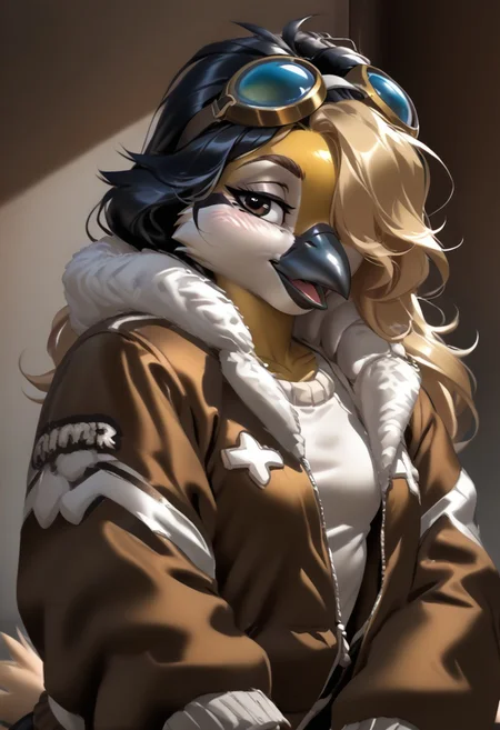 score_9, score_8_up, score_7_up, (by zummeng:1.5), (by jailbird:1.5), (by kittydee:1.5), masterpiece, best quality, (solo),
(Furry Art: great tit:1.5), expressive eyes, feminine eyes, <lora:beautiful_detailed_eyes:1>, perfect face, feminine face, feminine body, black beak, multicolored body, yellow body, black colored down middle of body, black head, white cheeks, (blonde hair:1.5), (long hair), (one eye covered by hair), small breasts, (bomber jacket:1.5), (t-shirt:1), (googles),