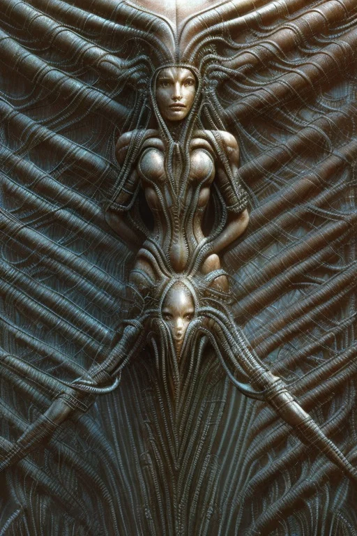 (hrgiger-drmacabre:1.2, masterpiece, best quality, intricate
full length photo of a young woman, in a doorway, leaning seductively,long curly hair, alien spaceship background,