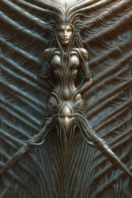 (hrgiger-drmacabre:1.2, masterpiece, best quality, intricate 

full length photo of a young woman, in a doorway, leaning seductively,long curly hair, alien spaceship background,
