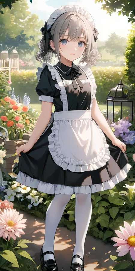 masterpiece,ultra-detailed,best quality,8K,illustration,ultra detailed face,cute face,clean skin ,shiny hair,girl,ultra-detailed-eyes, flower,garden,<lora:add-detail-xl:1>,cowboy shot, 
 <lora:maid_XL_V1.0:0.> jyojifuku, frills, apron,thighhighs,shoes,black dress,bow