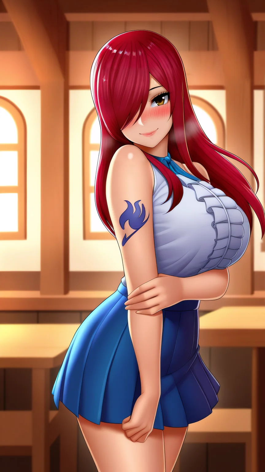 masterpiece, best quality, very aesthetic, absurdres, BREAK, 1girl, looking at viewer, cowboy shot,
<lora:ErzaDef_Illu_Dwnsty:0.8>, brown eyes, red hair, long hair, hair over one eye, white shirt, sleeveless shirt, center frills, arm tattoo, blue skirt, pleated skirt,
large breasts, lips, smile, blush, head tilt, from side, holding own arm,
indoors, tavern, bar, window, table, chair, day,