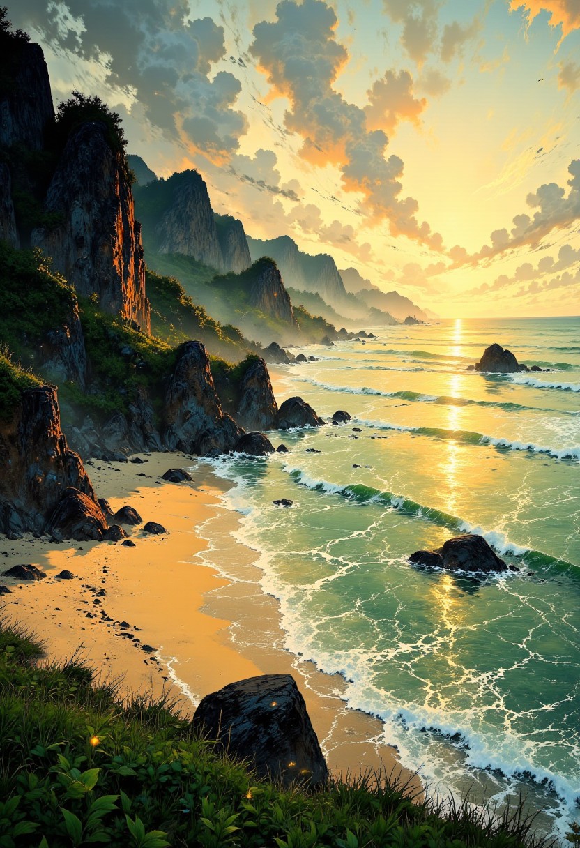 Bali Clifftop Beach – Soft Golden Light & Endless Horizon
"A secluded clifftop beach in Bali, where golden sunlight washes over the towering limestone formations. Below, gentle waves roll onto the pristine white sand, turning golden as they catch the fading sunlight. A few wooden fishing boats are scattered in the distance, their silhouettes blending into the endless horizon."