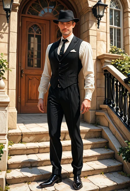 <lora:WAD:1> wad, 1man, realistic, looking at viewer, (full body photo:1, 5), male focus, solo,
(exquisite full-length photographic portrait of elegant handsome mature man with a pencil moustache dressed in fashionable black striped European muslin suit of 1930s era, jacket, waistcoat, black tie with white polka dots, black fedora hat, spectator shoes, in the latest fashion of the 1930s:1.3),
calm confident direct gaze, slight smile, looking at viewer, captivating brown eyes, vintage elegance,
standing on wide stone stairs with huge stone building in the style of Classicism of the early 20th century in the background,
art deco architecture, detailed costumes of the era,
bright sunny day, calm and happy mood, soft lighting natural daylight,
high detail, intricate details, clear sharp focus, clear precise edges, clear smallest details, realistic, expressiveh, realistic photo, DSLR, high quality, masterpiece, cinematic photography,
<lora:detailed_notrigger:0.7> <lora:xl_more_art-full_v1:0.2>