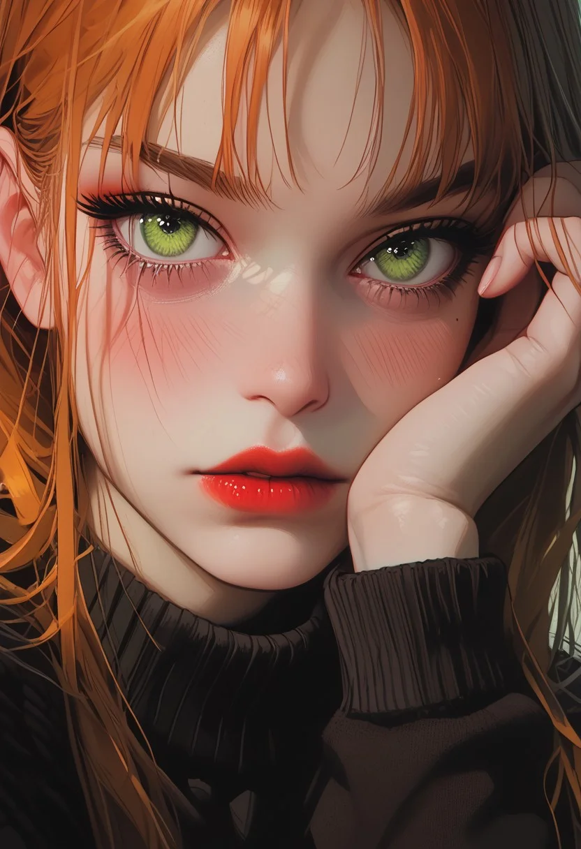 score_9, score_8_up, score_7_up, score_6_up, masterpiece, best quality, amazing quality, very aesthetic, 1girl, long hair, orange hair, green eyes, (perfect round face), (blush), looking at viewer, Detailed, intimate, clear, personal, highly contrasted, (hand on hair), sweater, dark red lipstick, face focus, close up portrait, perfect hands,