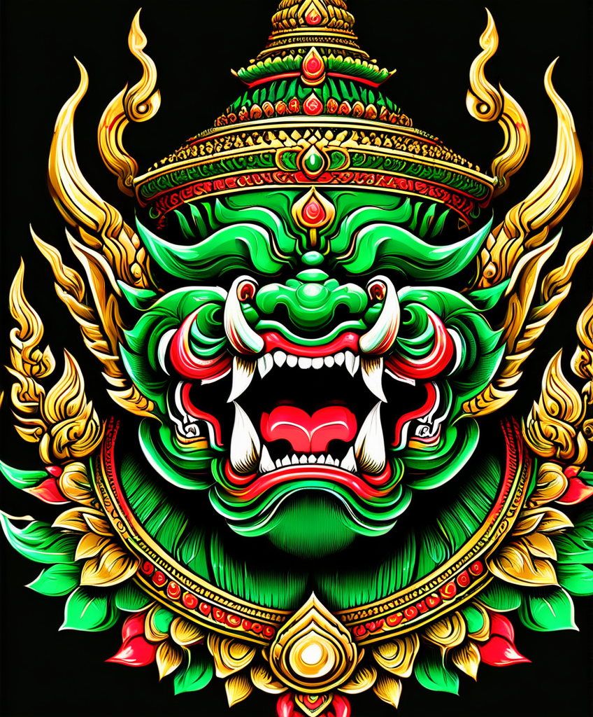 thai ogre style, thai ogre, colors green red and gold, sharp teeth, golden accents, extremely detailed, digital art, t-shirt design, dark blackground <lora:thai ogre_style:0.85>