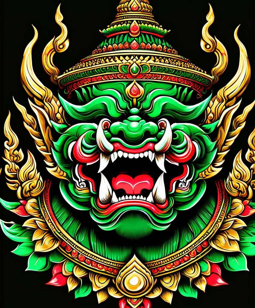 thai ogre style, thai ogre, colors green red and gold, sharp teeth, golden accents, extremely detailed, digital art, t-shirt design, dark blackground <lora:thai ogre_style:0.85>