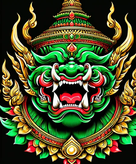 thai ogre style, thai ogre, colors green red and gold, sharp teeth, golden accents, extremely detailed, digital art, t-shirt design, dark blackground <lora:thai ogre_style:0.85>