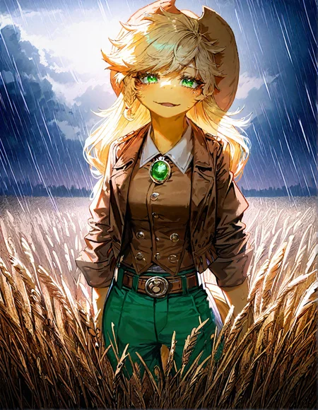 applejack , 1girl, blonde_hair , cloud ,colored_skin, furry, furry_female, long_hair,orange_skin ,outdoors, personification , solo, , wheat_field,Straw ,dot_nose, freckles, green_eyes , medium breast,
green_pants, jacket,long_hair, official_alternate_costume, open_jacket, pants, single_braid, yellow_shirt,adapted_costume , braid ,brooch ,brown_belt, brown_hat, brown_jacket, buttons, cowboy_hat ,detached_collar, knee_boots,  windy,  looking at viewer, rain, raining, storm, laughing , happy,dynamic pose,
rella, rolua,  quasarcake:0.8, negative space,  very awa,
masterpiece, best quality, Good quality, very aesthetic, absurdres, newest, (Perfect details),
<lora:ponyv5_noobV065S_1_adamW:0.8>, <lora:illustrious_noobai_epsilon_pred_1_best_quality_v1:0.7> ,<lora:illustrious_noobai_epsilon_pred_11_very_aesthetic_v1:0.7> ,<lora:illustrious_noobai_epsilon_pred_1_masterpieces_v1:0.7> , <lora:Straw_thread:1>