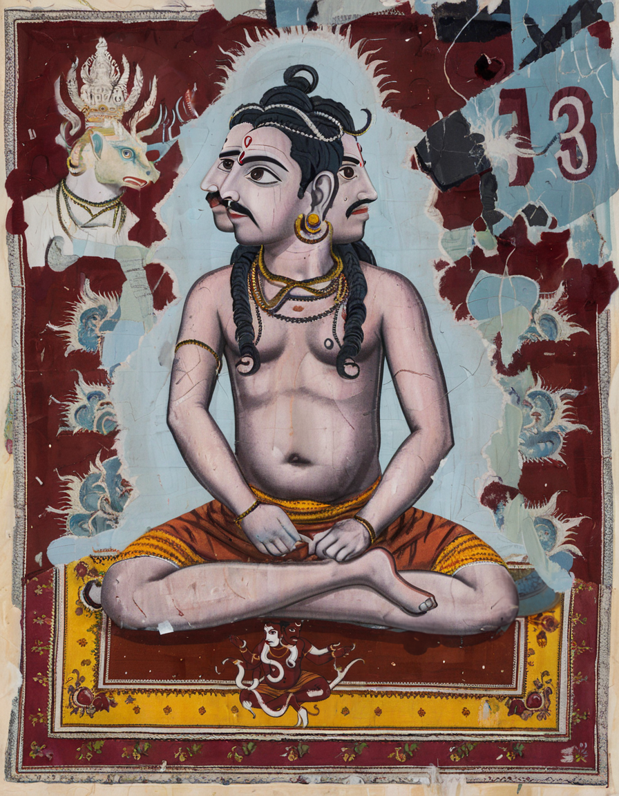 <lora:rvaz-000007:0.8>rvaz, a three headed man sitting on a rug, cobra