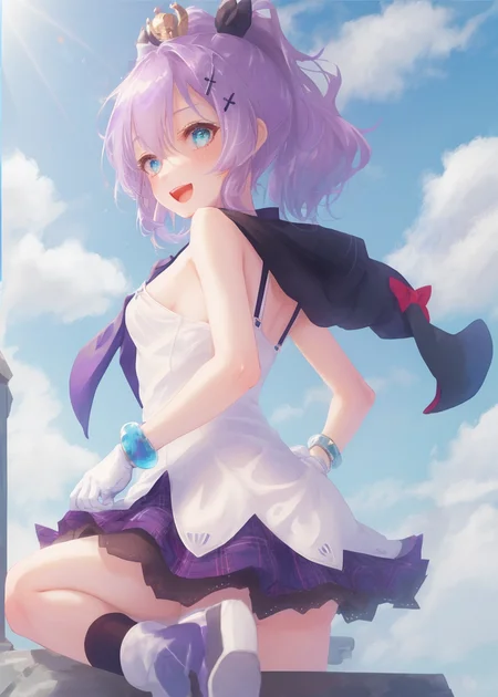 <lora:javelin_v1.0:0.8>,1girl, solo,bracelet,white gloves, camisole, ribbon, purple_hair, mini_crown,white_camisole, hair_ornament, looking_at_viewer, black_ribbon, hair_ribbon,blue hood, :d, outdoors, from behind, sitting,, masterpiece, best quality,