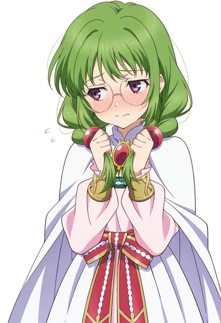 detailed eyes, beautiful, detailed background, perfect eyes,
source_anime, very aesthetic, anime coloring, masterpiece, official art,
<lora:HandFineTuning_XL:1>
BREAK,
white background,
fidgeting, shy, embarrassed, blush, touching hair, looking away,
cowboy shot,
BREAK,
<lora:philia_illustrious_v02:0.95>
todphilia, twin braids, green hair, purple eyes, long hair, round eyewear, hair bobbles, shoulder hair,
half wing brooch, light pink dress, long dress, long sleeves, white cape, white waist cape, jewelry, red waist ribbon, green pattern,
white footwear, flat shoes, no socks,